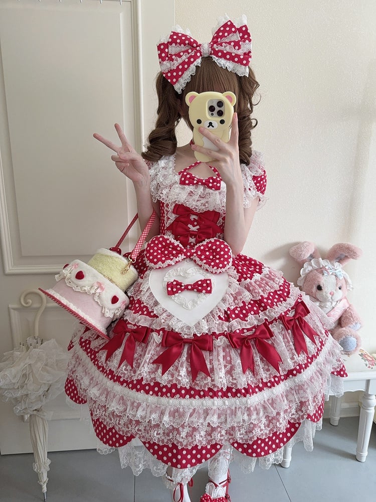 School Polka Bow Sleeves Lolita Dress Short Red Accents Dots Pattern Old
