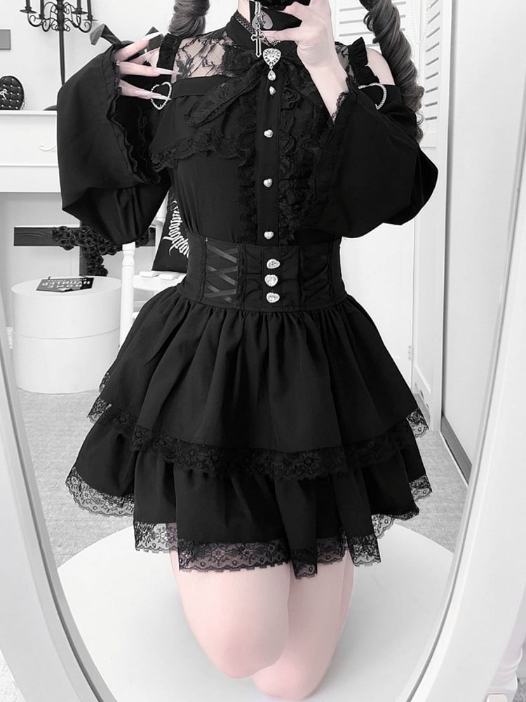 Offenes Jirai Kei Bell Shoulders Black Set: mit Top Three-Piece Sleeves All