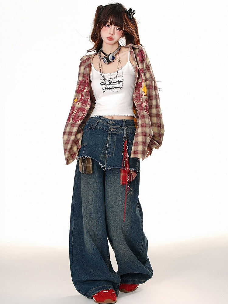 Fake Two-piece Blue Wide-leg Cut Jeans Design