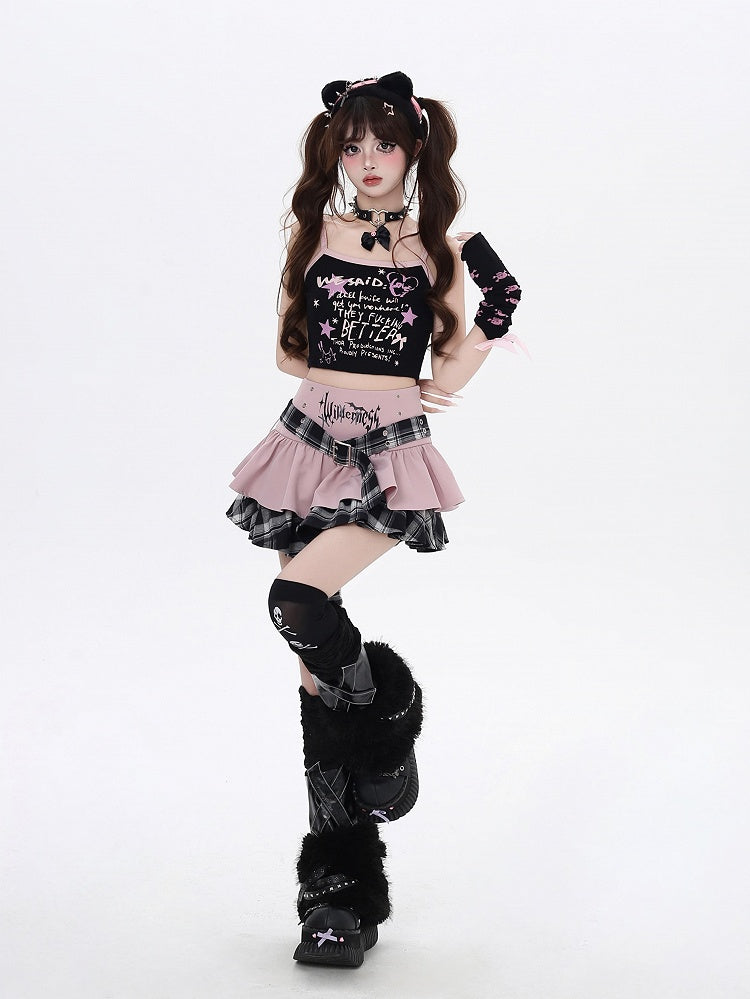 Y2K Garter Tiered Skirt with Cross Belt and Lined Gray Plaid Buckle Pink Design