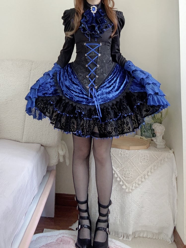 Boned Lolita Waist Tie Shirt Skirt Set Hat Black Gothic Jabot Long Sleeves High + - and Mini Blue Bell Klein Full