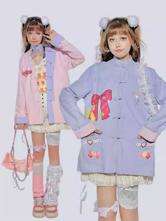 リバーシブル ピンク&パープル バンドカラー ボウバックルシャツ
