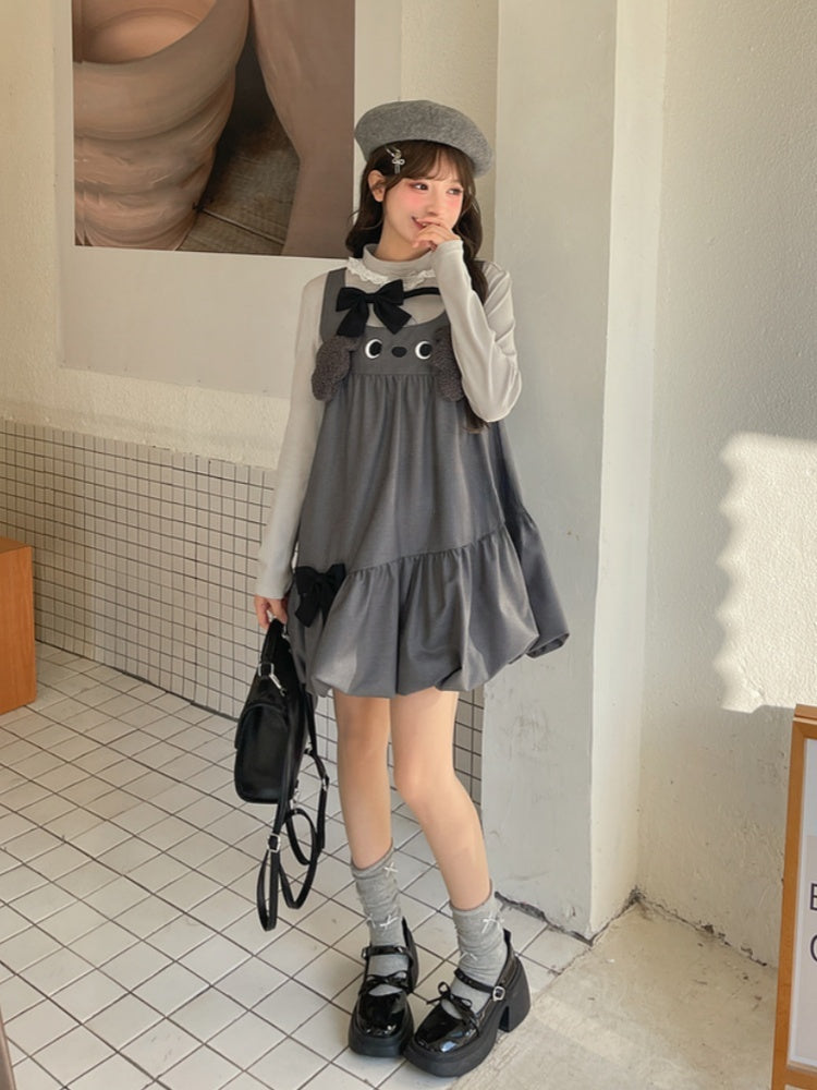 Design Bowknot Dress Bubble Skirt Accents Sleeveless Gray Plush Puppy Ears