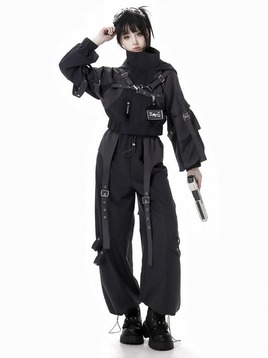 Black Buckle Straps Elastic Waist Cargo Pants