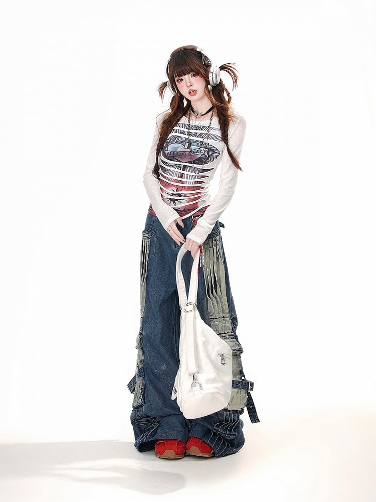 Blue Faded Wash Cargo Pockets Loose Wide-Leg Jeans