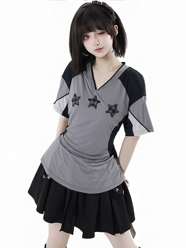 T-shirt Star Appliques V-neck Sports Colorblock Design Plaid Black/Gray