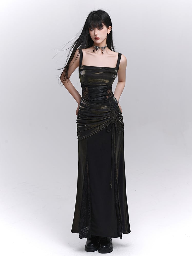 Waist Drawstring Black Lace Hip Sleeveless Dress Patches