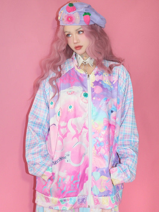 Bear Colorful Pattern Jacket Guro Eye And Plaid Print Kawaii