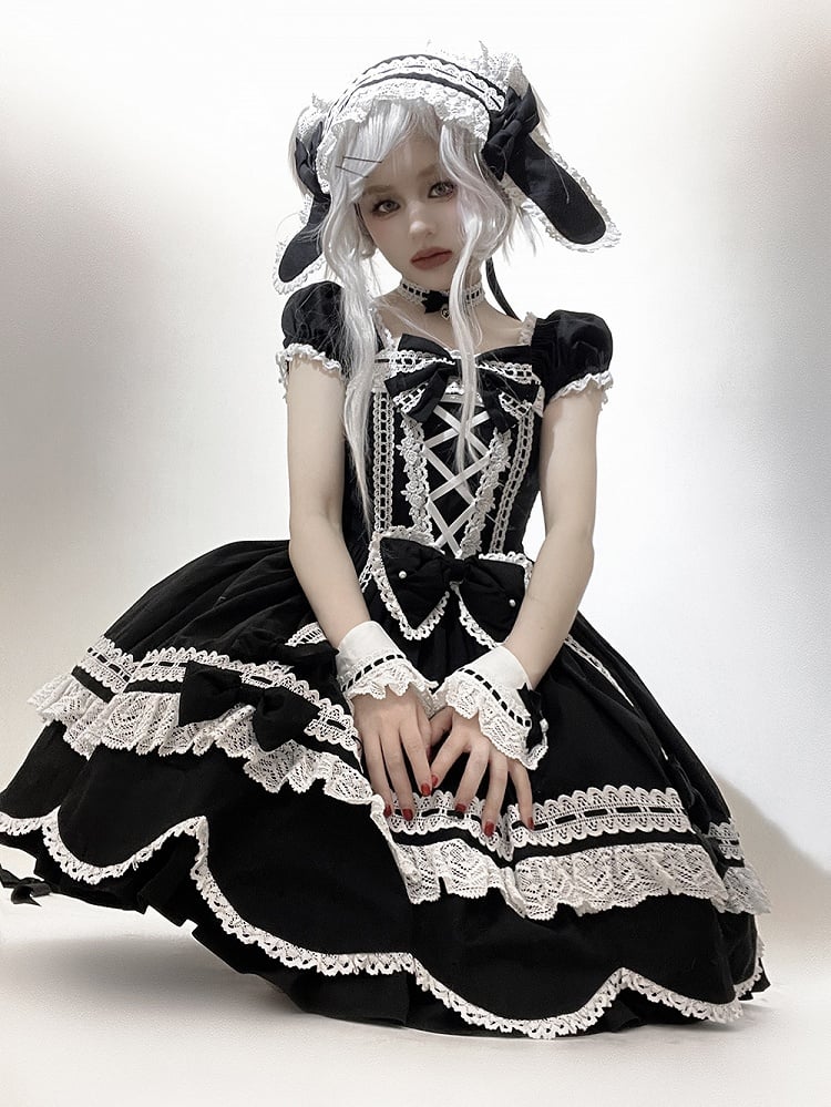 Lolita Sleeves Black Old Short Neckline School Piece Puff Square One and Dress Cotton