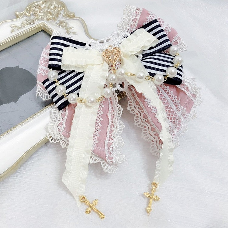 Spitzen-Charme und Lolita-Kreuz-Optionen, Farbe, Haarspange, 6 Schleifen, süße Borte, Perlen