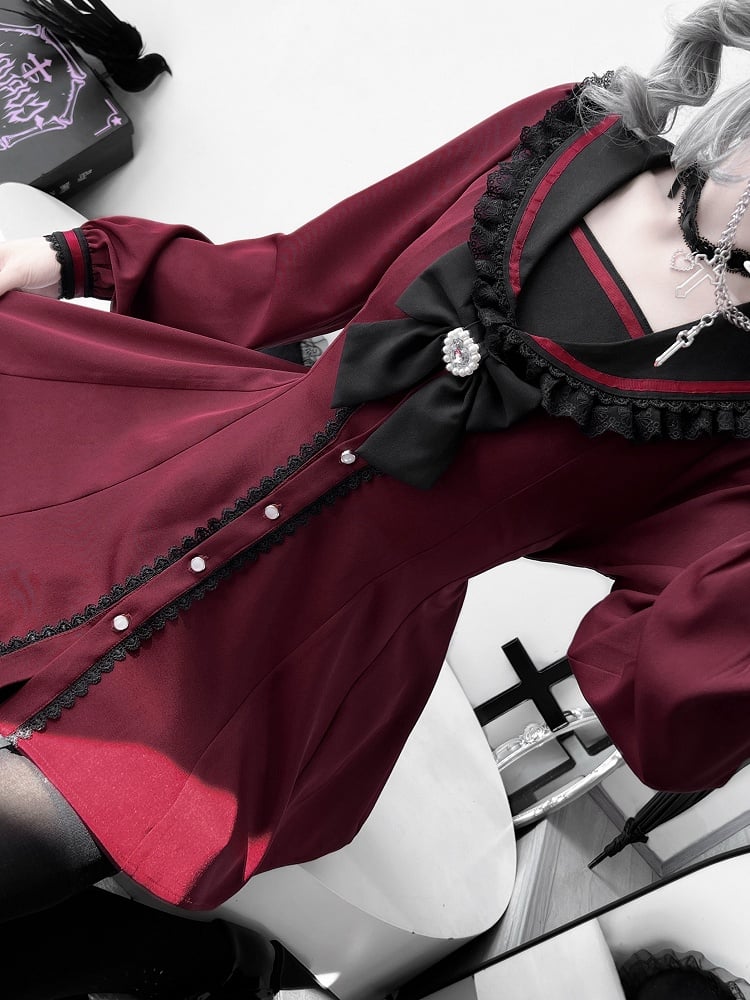 Kei Ears Jirai Red Set- Back Bow Design + Wine Mini Dress + Ruffle Hem Shorts Tie Sailor Collar Bunny