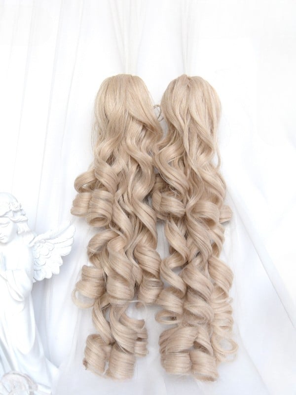 Blonde Straight Curly + Double Bangs Clips Claw Ponytail Wig With 43CM Short Length 22CM