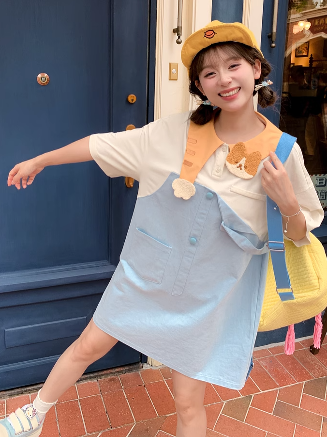 Faux Adorable Kitty Collar Blue and White Colorblock Design Dress Two-pieces