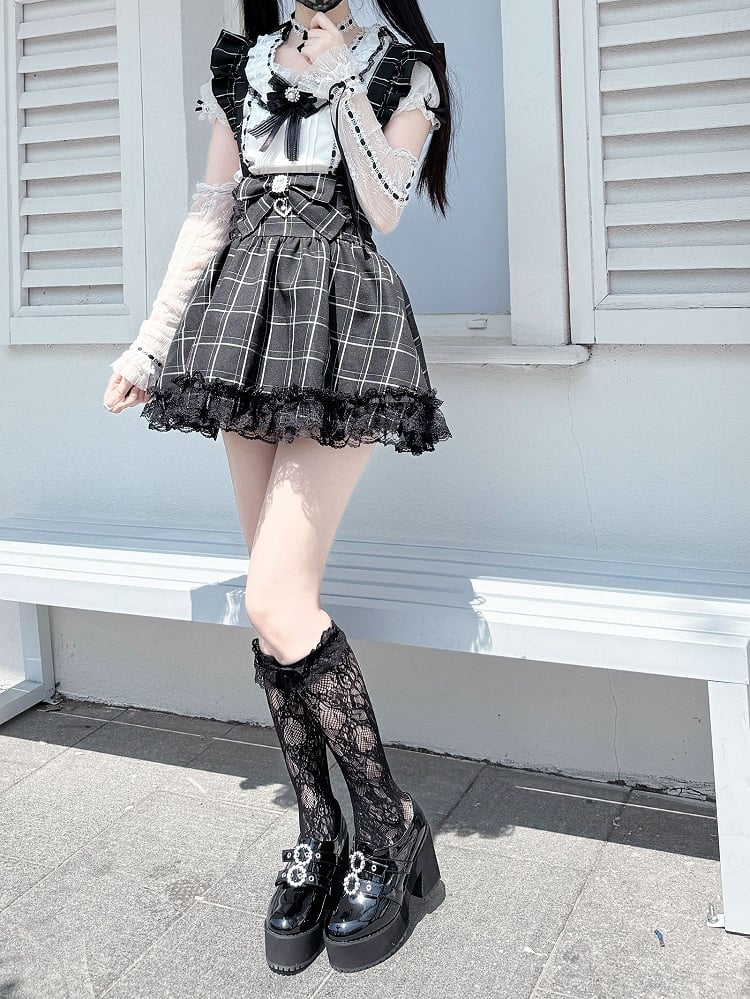 Detachable Kei Skirt Shoulder High Straps / Plaid Jirai Overall Black Waist with