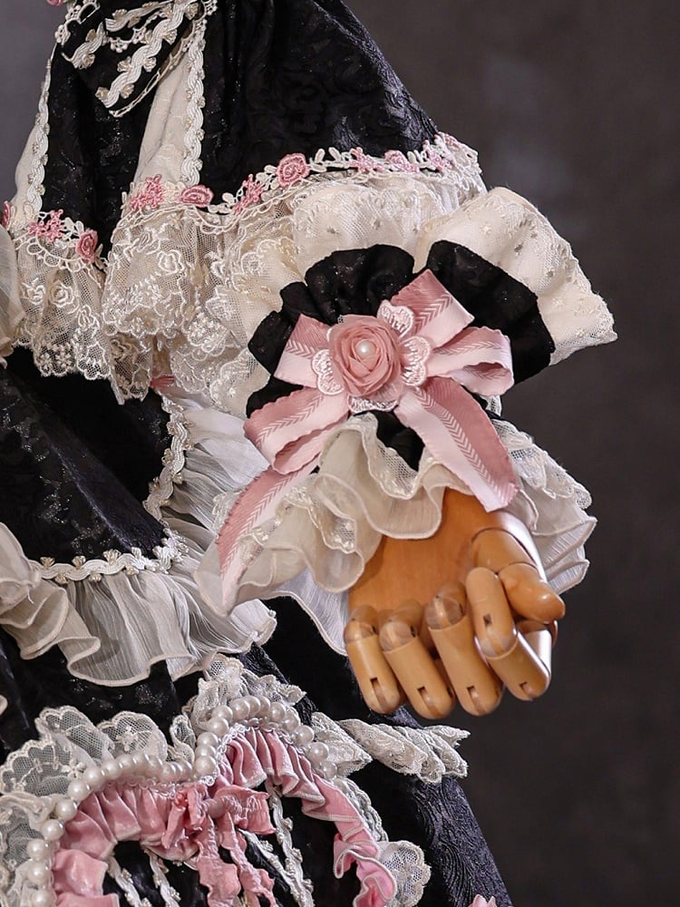 Black Hanayome Rosette Embroidery Floral and Bead Chain Lolita OP Full Set