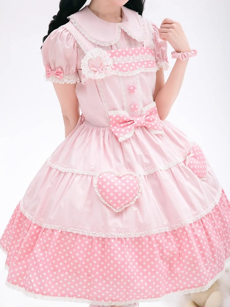 Cotton Old Polka Pink Dots School Dress Lolita White