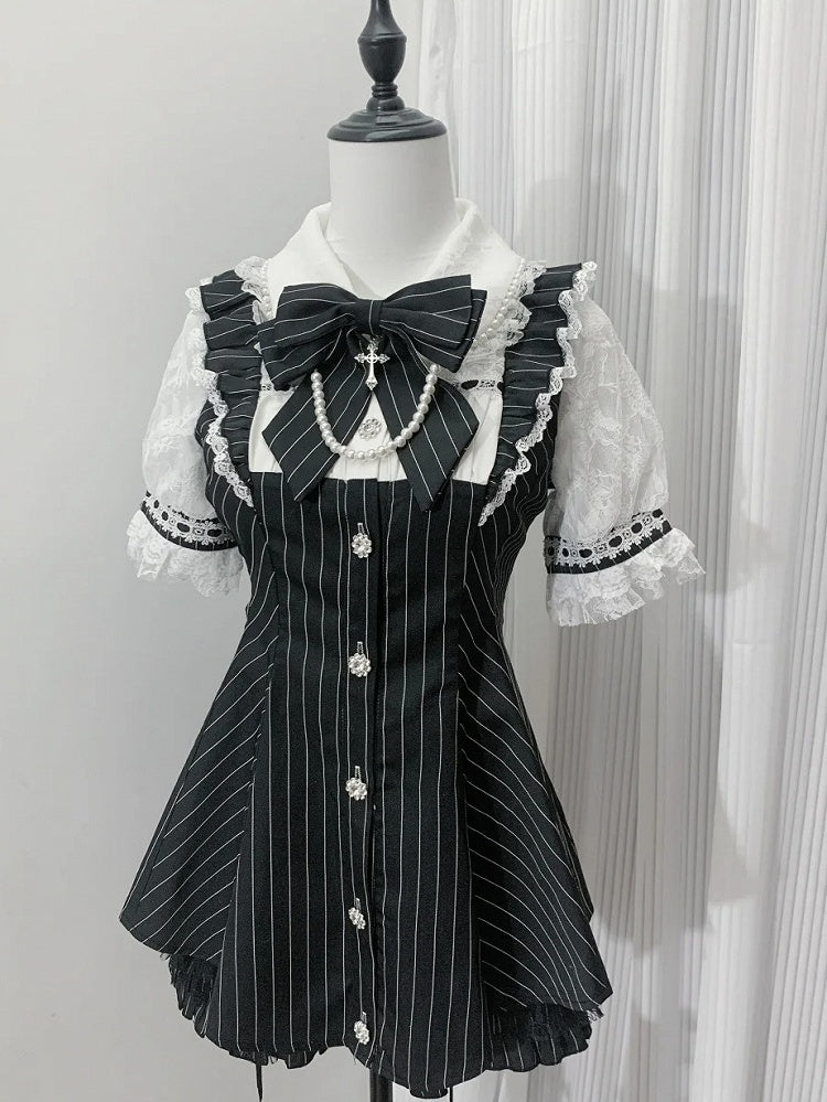 Mini Dress + Shorts Lace-up Back Neckline Illusion + Black Striped Jirai Kei Set- Bow Tie