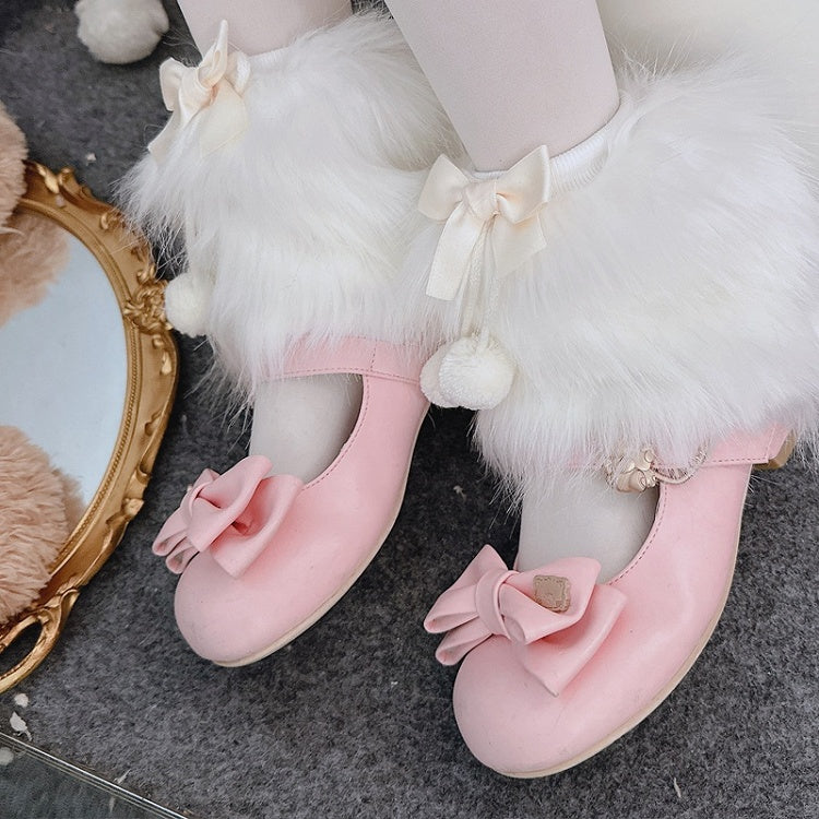 ブラック Y2K フェイクファー 蝶結び レッグウォーマー ポンポン付き