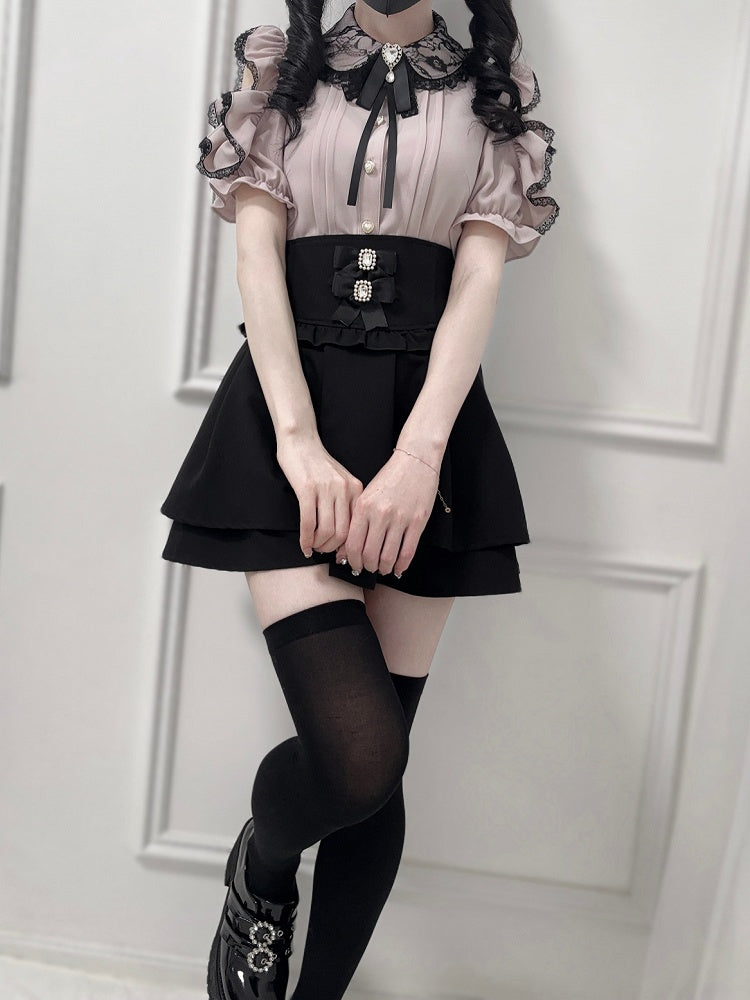 Bow Dusty Collar Peter Blouse with Lace Pink Pan Cutout Trim Shoulder Jirai Tie Kei
