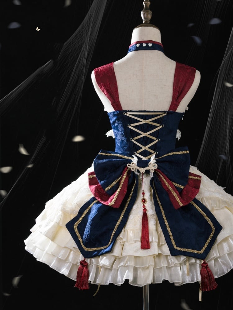Dark Blue and Red Detachable Collar Qi Tiered Ruffles Jumper Skirt