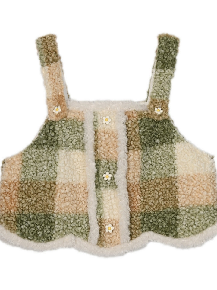 Gilet polaire à carreaux avec détails floraux verts et boutons