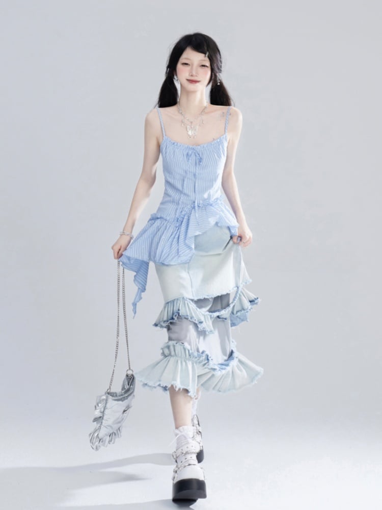 Cami Top Blue Striped Pattern Asymmetrical Hem