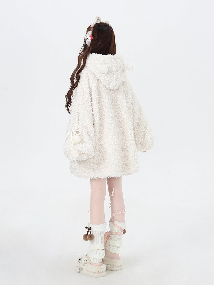 White Cute Kitty Ear Thick Hooded Coat with Free Gloves