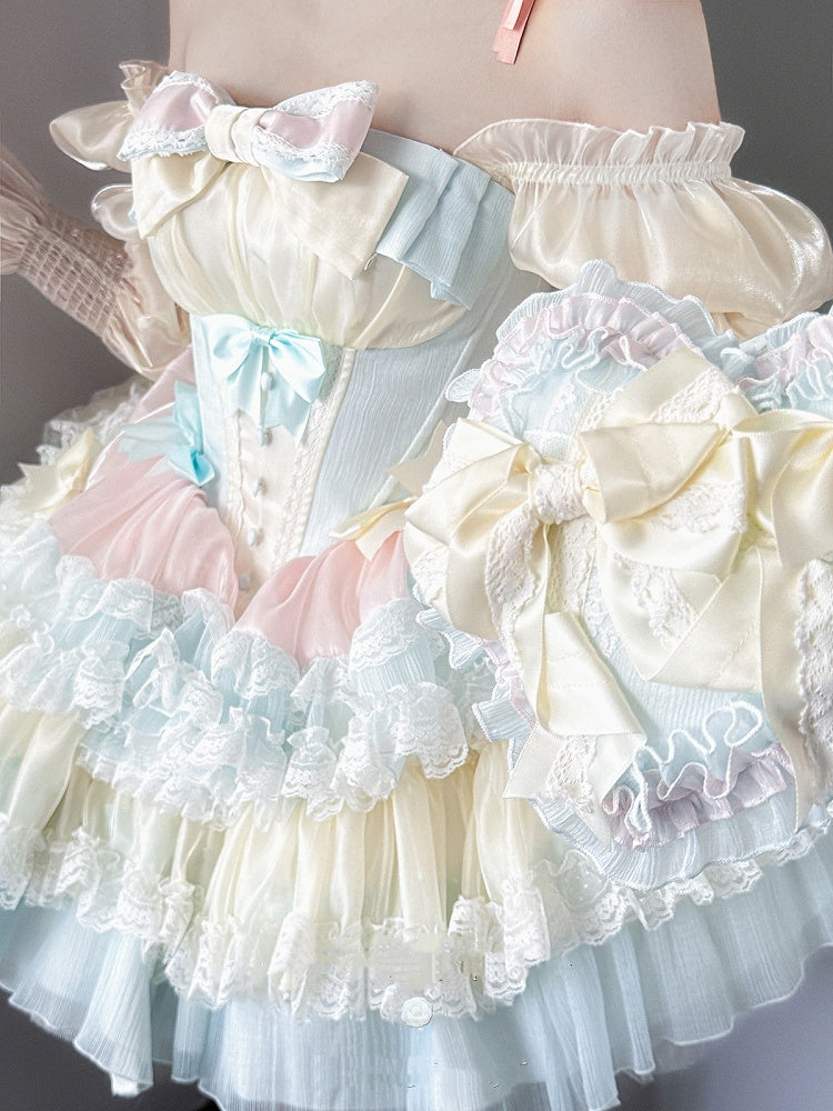 Sweet Lolita Balletcore Dress Blue Tiered Pink Skirt Yellow Boned Corset Waist