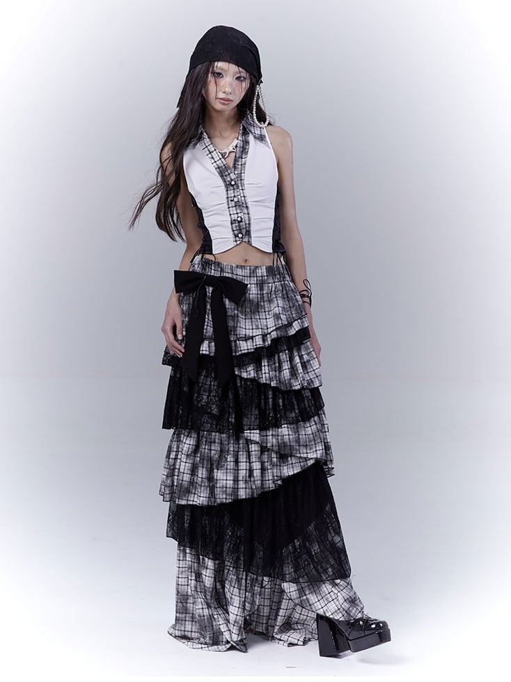 Regular/Long Version Asymmetrical Tiered Plaid Skirt Black Punk