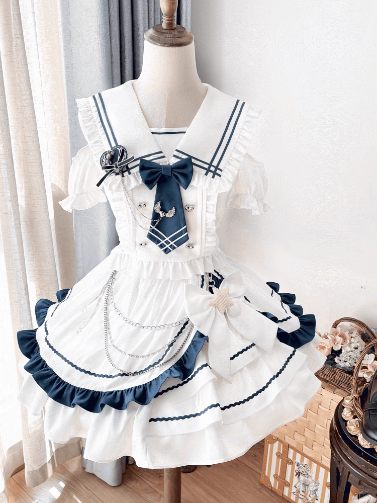 Shoulder Top Cutout Skirt White with Tiered and Sailor Collar