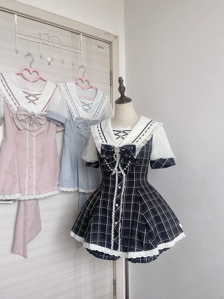 Plaid Bow Mini Dress + Ruffled Back Black Shorts Sailor Collar Self-tie Hem Jirai Kei Set