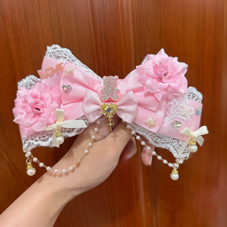 Charm Beaded Lace Trim Pink Decorated Rhinestone Design Floral Bowknot Hairclip Bear