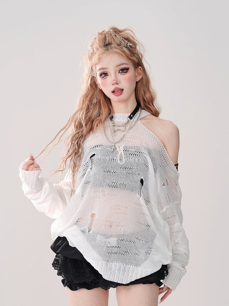White Halter Neck Hollow-Out Knit Top with Cutout Shoulders