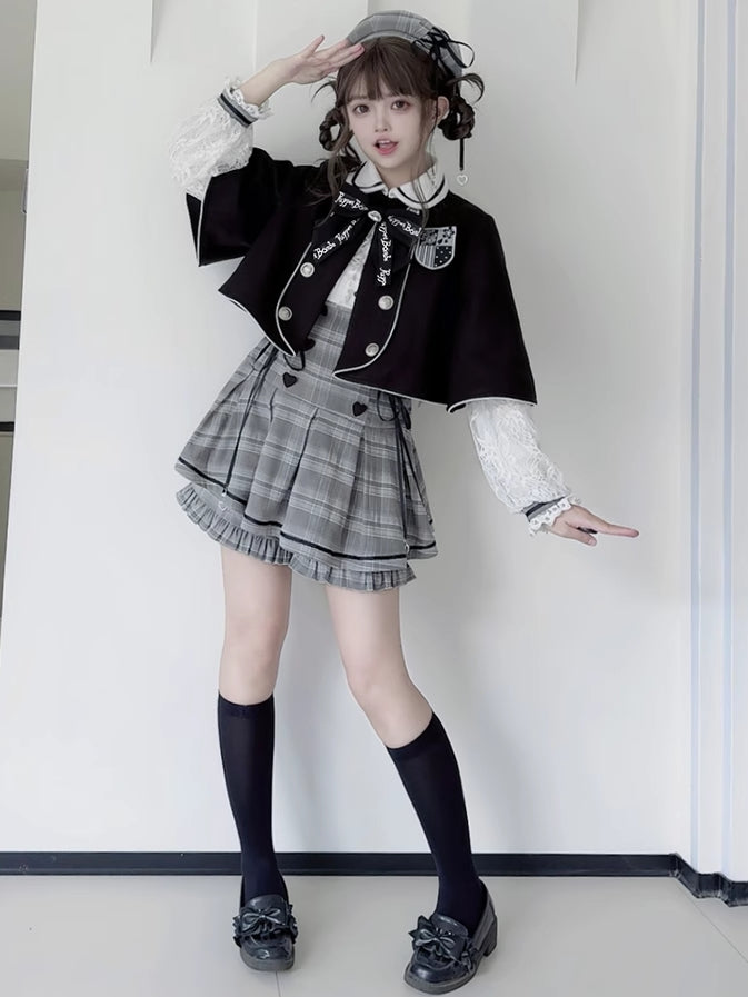 Jirai Kei Graues Set, Peter-Pan-Kragen, hoher Taille, Kellerfaltenrock, kariertes Kleid + Shorts mit Rüschenbesatz und Bündchen