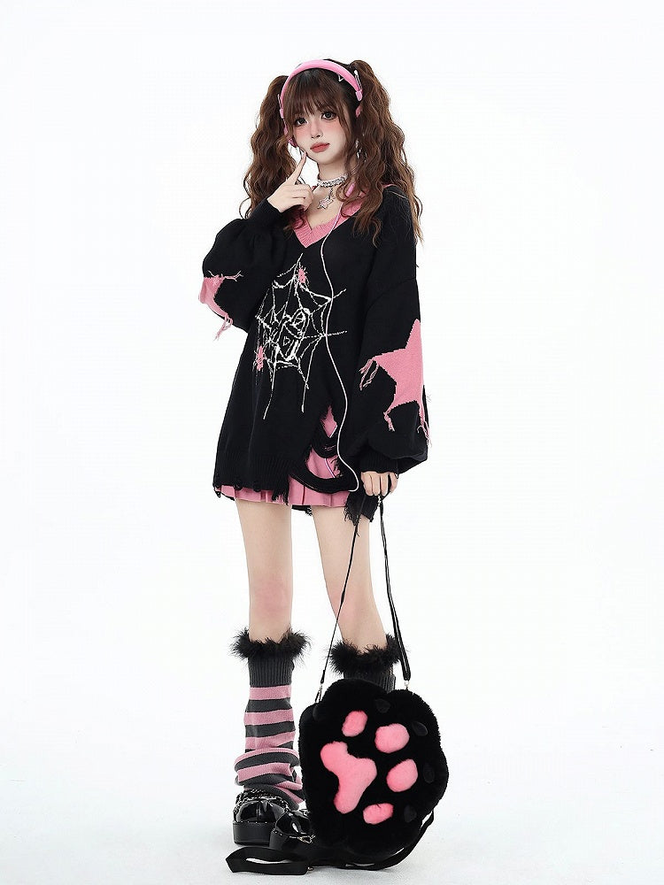 Pattern Spider Distressed Web Hem Black Sweater Holes