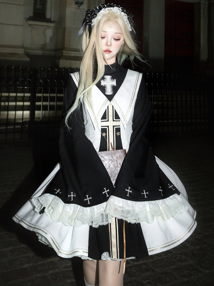 White and Black Nun Lolita Dress Full Set-Bell Sleeves Nun Dress + White Cape + Black Bow Accessory