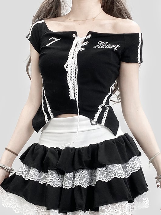 Black Bittersweet Neckline Top With Lace-Up Detail And Letter Print Off-the-shoulder Kawaii