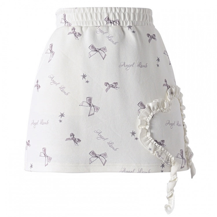Bowknot Print White Skirt Heart Ruffled