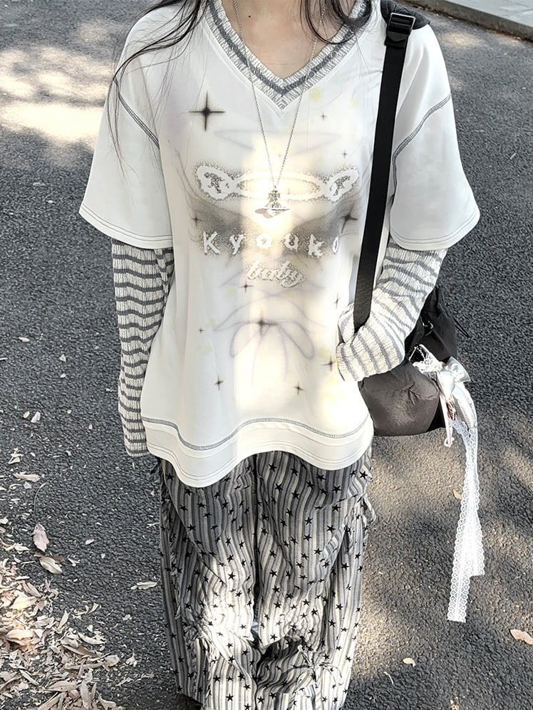 グレーの星条旗柄ワイドレッグカットパンツ、ルーシュデザインカフス