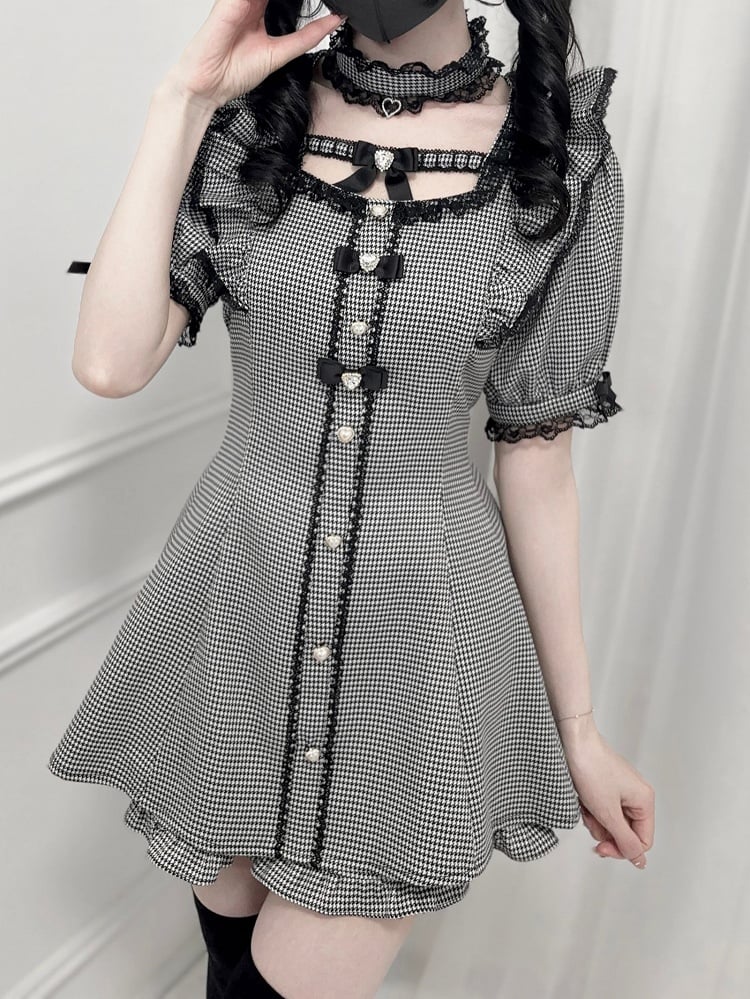Set - Flutter Sleeves Self-tie Bow Back Mini Dress + Shorts Houndstooth Jirai Kei + Choker