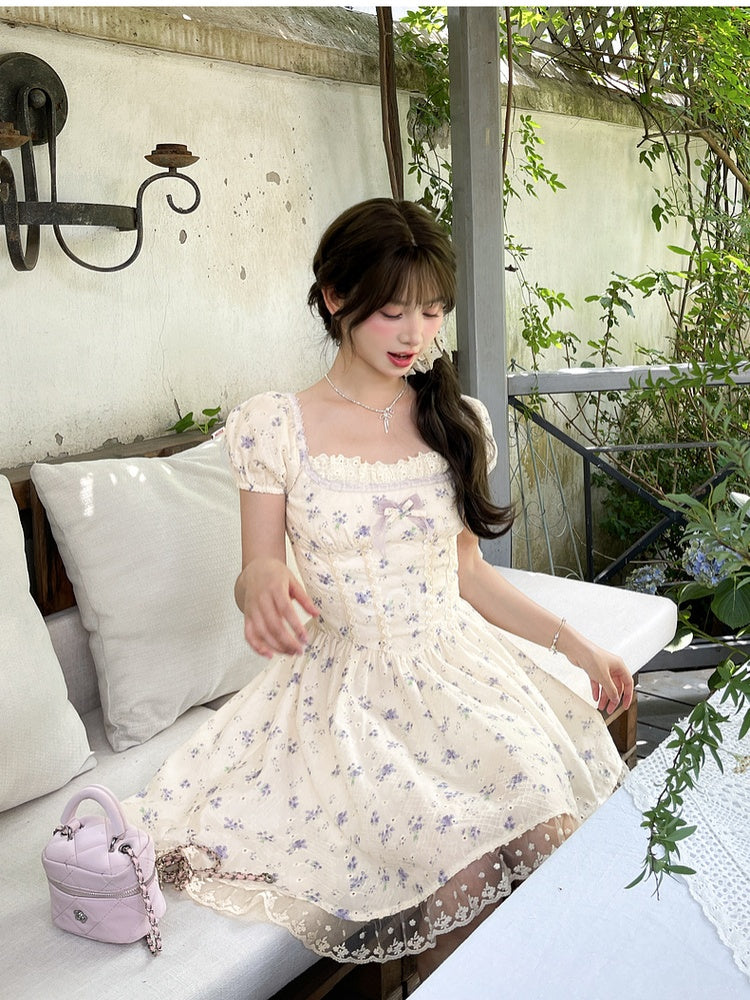 Kei Floral Dress Mori Beige Square Neckline and Short Puff Sleeves