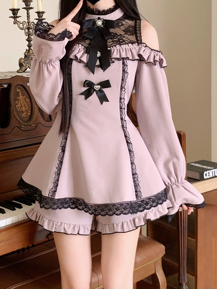 Illusionsrock-Ausschnitt, Cutout an den Schultern, Shorts, Minikleid, Jirai Kei, schwarzes Rüschenset mit Lila