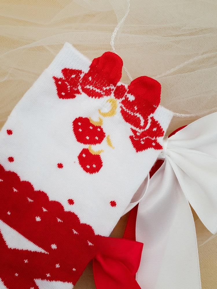 Red Bowknot Print Polka-dot Calf Socks