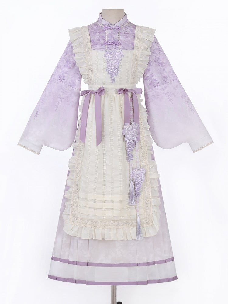 Beige Print Charm Kleid Quaste Lolita Han Schürze Floral Wisteria Lila + Perlen mit