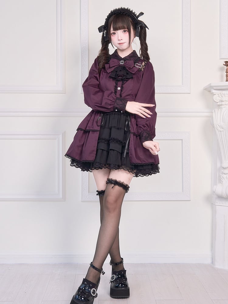Blouse Bowknot Illusion over Jirai Neckline Straps Buckle Purple Brooch Kei and with