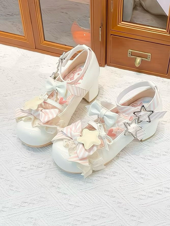 Riemen Bowknot Muster Gestreifte Schnalle Lolita Weiße Schuhe Stern Details