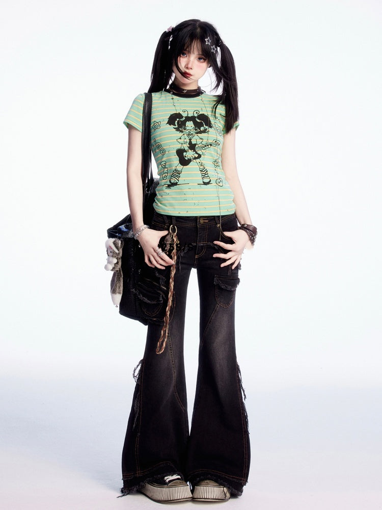 Black Low Waist Raw Hem Vintage Flared Cargo Jeans