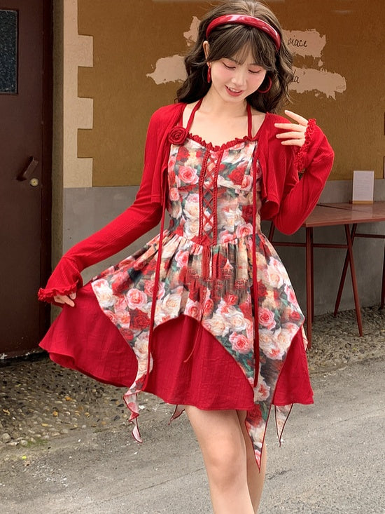 Front Red Rosette Print Cascading Ruffles Lace-up Cami Dress
