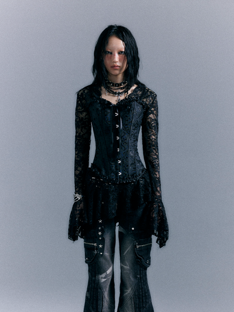 A-Line Mini Dress with Bell Sleeves Black Punk Semi-sheer Lace