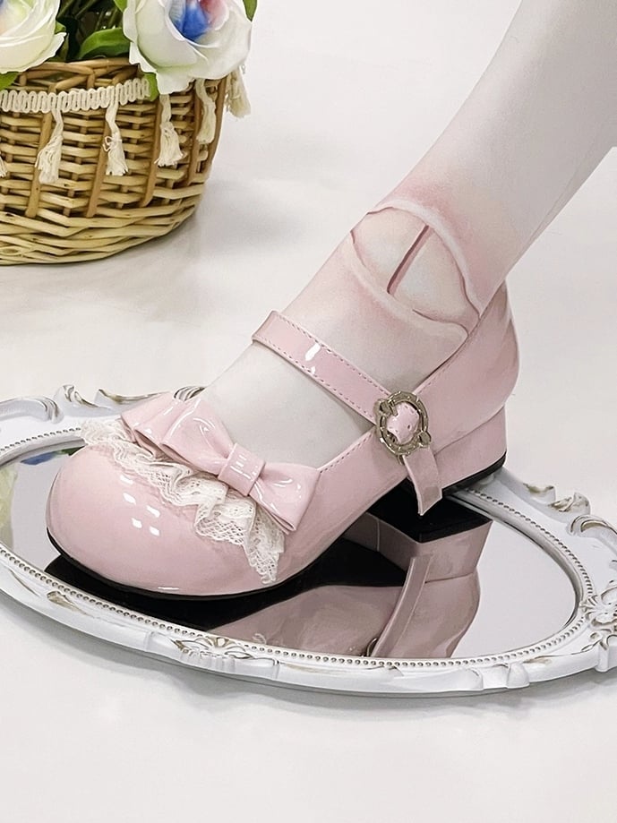- Pink Lace Light Trim Janes Bow Mary Toe Embellishments with Sweet Round Lolita Low-heel Design